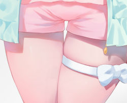 Rule 34 | 1girl, andychen, blue jacket, bow, highres, hip focus, hololive, jacket, lower body, open clothes, open jacket, pink shorts, short shorts, shorts, simple background, solo, thigh gap, thigh strap, thighs, tsunomaki watame, tsunomaki watame (loungewear), virtual youtuber, white background, white bow