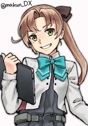Rule 34 | 1girl, akigumo (kancolle), akigumo kai ni (kancolle), aqua bow, aqua bowtie, blazer, bow, bowtie, brown hair, drawing tablet, dress, green eyes, grey dress, grin, hair ribbon, holding, holding drawing tablet, jacket, kantai collection, long hair, looking at viewer, maakun (makun dx), mole, mole under eye, one-hour drawing challenge, pleated dress, ponytail, ribbon, school uniform, simple background, smile, solo, twitter username, white background