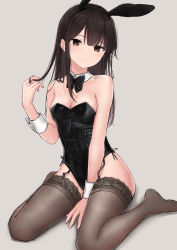 Rule 34 | 1girl, akipeko, animal ears, bare shoulders, between legs, black bow, black bowtie, black leotard, bow, bowtie, breasts, brown eyes, brown hair, brown thighhighs, cleavage, closed mouth, detached collar, expressionless, fake animal ears, garter straps, twirling hair, hairband, highres, leotard, long hair, looking at viewer, medium breasts, no shoes, original, playboy bunny, rabbit ears, sitting, solo, strapless, strapless leotard, thighhighs, thighs, wariza, wrist cuffs
