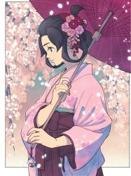 Rule 34 | 1girl, ace attorney, bangs pinned back, black eyes, black hair, character doll, cherry blossoms, closed mouth, floral print, flower, from side, hair flower, hair ornament, hair rings, hakama, hakama skirt, highres, holding, holding umbrella, japanese clothes, charm (object), kimono, long sleeves, oil-paper umbrella, pink flower, pink kimono, profile, red skirt, sash, shino (shino dgs), short hair, skirt, smile, solo, standing, susato mikotoba, the great ace attorney, umbrella, updo, wide sleeves