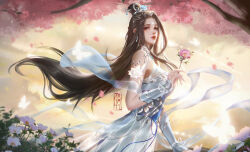 Rule 34 | 1girl, absurdres, bare shoulders, brown hair, bug, butterfly, cherry blossoms, cloud, cloudy sky, dixin jumin li huahua, earrings, flower, from side, glowing butterfly, hagoromo, hair ornament, hairpin, highres, insect, jewelry, light particles, ling qingzhu (wu dong qian kun), long hair, lotus, parted lips, pink flower, second-party source, shawl, sky, solo, wu dong qian kun, yellow sky