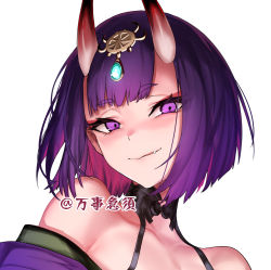 Rule 34 | 1girl, bob cut, fang, fang out, fate/grand order, fate (series), headpiece, highres, horns, inverted bob, looking at viewer, purple eyes, purple hair, shuten douji (fate), simple background, smile, solo, ulrich (tagaragakuin), white background