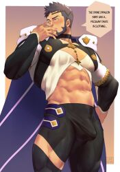Rule 34 | 1boy, abs, bara, beard, black hair, black pants, blush, bulge, cape, commission, dungeon and fighter, erection, erection under clothes, facial hair, large pectorals, mage (dungeon and fighter), male focus, muscular, muscular male, navel, original, pants, pectorals, purple cape, short hair, solo, thick thighs, thighs, zink (zink mchn)