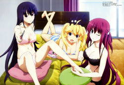 Rule 34 | 10s, 3girls, :d, ;), absurdres, barefoot, black bra, black hair, black panties, blonde hair, blue eyes, bow, bow bra, boxcutter, bra, breasts, cat, cleavage, copyright name, fang, feet, female focus, grisaia (series), grisaia no kajitsu, hands on feet, highres, holding another&#039;s foot, indoors, legs, long hair, long legs, lying, matsushima michiru, megami magazine, multiple girls, navel, non-web source, official art, on stomach, one eye closed, open mouth, panties, pink bra, pink panties, purple eyes, purple hair, sakaki yumiko, scan, sitting, smile, striped bra, striped clothes, striped panties, suou amane, toenails, toes, underwear, underwear only, very long hair, wink, yataneko (echigo)