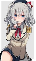 Rule 34 | 10s, 1girl, bad id, bad twitter id, blue eyes, blush, commentary request, epaulettes, gloves, grey background, grey hair, highres, ikeuchi tanuma, kantai collection, kashima (kancolle), long hair, long sleeves, looking at viewer, military, military uniform, mouth hold, neckerchief, sketch, solo, two side up, uniform