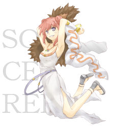 Rule 34 | 1girl, armpits, arms up, bangle, belt, black footwear, blue belt, blue eyes, blush, bracelet, breasts, character name, choukichi, cleavage, commentary request, detached sleeves, double bun, dress, full body, fur collar, grin, hair bun, jewelry, jumping, looking at viewer, necklace, pink hair, ragnarok online, sandals, short hair, simple background, sleeveless, sleeveless dress, small breasts, smile, solo, sorcerer (ragnarok online), white background, white dress, white sleeves
