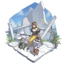Rule 34 | 1girl, absurdres, animal, animal ears, arknights, black gloves, brown hair, closed mouth, commentary request, expressionless, full body, gloves, highres, long hair, long skirt, raccoon, raccoon ears, raccoon girl, robin (arknights), shoes, sitting, skirt, sneakers, solo, white footwear, yellow eyes, yellow skirt, yidie