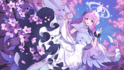 Rule 34 | 1girl, angel wings, black scrunchie, blue archive, blue sky, blunt bangs, blush, capelet, cherry blossoms, day, dress, falling petals, feathered wings, flower, hair flower, hair ornament, halo, hanami, highres, lemonpear, long hair, looking at viewer, low wings, mika (blue archive), open mouth, outdoors, pantyhose, petals, pink hair, scrunchie, sky, solo, teeth, upper teeth only, white capelet, white dress, white pantyhose, white wings, wings, wrist scrunchie, yellow eyes