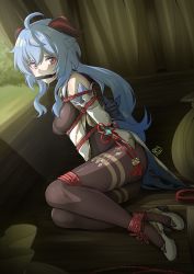 Rule 34 | 1girl, absurdres, ahoge, arms behind back, bare shoulders, bdsm, bit gag, black gloves, black pantyhose, blue hair, bodystocking, bondage, bound, bound ankles, bound legs, breasts, commentary, detached sleeves, english commentary, gag, gagged, ganyu (genshin impact), genshin impact, gloves, high-waist skirt, high heels, highres, horns, indoors, long hair, looking at viewer, medium breasts, pantyhose, purple eyes, restrained, rope, skirt, solo, thighband pantyhose, thighs, vakaosciosa, very long hair, white footwear, white skirt