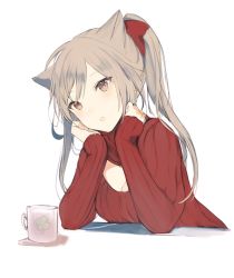 Rule 34 | 1girl, animal ears, blush, breasts, brown eyes, cat ears, cat girl, cleavage, clover, cup, four-leaf clover, grey hair, long hair, lpip, medium breasts, meme attire, mug, open-chest sweater, original, parted lips, ponytail, red sweater, ribbed sweater, simple background, solo, sweater, upper body, white background