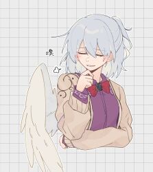 Rule 34 | 1girl, absurdres, angel wings, bow, bowtie, brooch, brown jacket, closed eyes, collared shirt, commentary request, cropped torso, feathered wings, grey hair, highres, idaku, jacket, jewelry, kishin sagume, long sleeves, open clothes, open jacket, parted lips, plaid, plaid background, puffy sleeves, purple shirt, red bow, red bowtie, shirt, simple background, solo, touhou, translation request, white background, white wings, wings