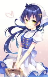Rule 34 | 1girl, apron, bad id, bad pixiv id, basket, blue bow, blue dress, blue hair, blue shirt, bow, dress, food, hair bow, hair ornament, hairpin, head scarf, heart, highres, holding, holding basket, kokkeina budou, kyouou ena, long hair, looking at viewer, love live!, love live! school idol festival, love live! school idol project, pinafore dress, sash, shirt, short sleeves, sleeveless dress, smile, solo, sonoda umi, white apron, yellow eyes