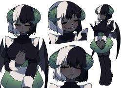 Rule 34 | 1girl, :t, apron, black hair, black skin, blush, boots, character sheet, closed mouth, colored skin, demon girl, demon horns, demon wings, closed eyes, female focus, gomulgong, green skirt, high-waist skirt, highres, horns, multicolored hair, original, own hands together, simple background, skirt, solo, thigh boots, thighhighs, two-tone hair, white background, wings