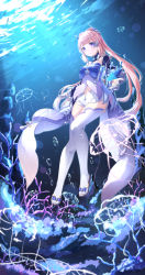 Rule 34 | 1girl, black footwear, blue bow, bow, chahei, commentary request, coral, day, full body, genshin impact, high heels, highres, hydrokinesis, jellyfish, long hair, looking at viewer, navel, outdoors, parted lips, pink hair, purple eyes, sandals, sangonomiya kokomi, short shorts, shorts, solo, striped, striped bow, thighhighs, underwater, very long hair, water, white shorts, white thighhighs, zouri