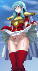 Rule 34 | 1girl, absurdres, aqua hair, armor, blue eyes, blue sky, blush, boots, bow, bow panties, breastplate, cape, capelet, clothes lift, earrings, eirika (fire emblem), fingerless gloves, fire emblem, fire emblem: the sacred stones, full-face blush, gloves, groin, highres, jewelry, lifted by self, long hair, miniskirt, nintendo, panties, pauldrons, red footwear, red gloves, red shirt, red thighhighs, shirt, short sleeves, shoulder armor, simple background, sirano, skirt, skirt lift, sky, solo, sweat, thigh boots, thighhighs, underwear, very sweaty, white cape, white capelet, white panties, white skirt