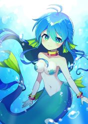 Rule 34 | 1girl, absurdres, antenna hair, blue eyes, blue hair, blush, bracelet, closed mouth, commission, fins, gradient eyes, green eyes, head fins, highres, jewelry, long hair, looking at viewer, mermaid, monster girl, multicolored eyes, navel, offbeat, photoshop (medium), pixiv commission, puyopuyo, serilly (puyopuyo), sidelocks, smile, solo, underwater