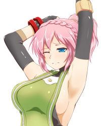 Rule 34 | 10s, 1girl, arm warmers, armpits, arms up, black gloves, blue eyes, braid, breasts, crown braid, daiba canon, fingerless gloves, gloves, god eater, god eater 2: rage burst, large breasts, one eye closed, pink hair, ponytail, sideboob, simple background, single braid, solo, white background, wince, wink, yoou (artist), youu (midgard)