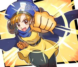 Rule 34 | 1girl, absurdres, alena (dq4), artist name, belt, betabetamaru, black pantyhose, blue cape, blue scarf, brown eyes, cape, commentary request, dragon quest, dragon quest iv, dress, earrings, gloves, hat, highres, jewelry, looking at viewer, open mouth, orange background, orange gloves, orange hair, pantyhose, scarf, solo, yellow dress