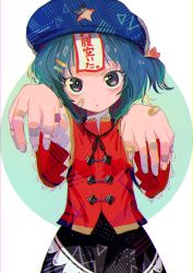 Rule 34 | 1girl, :o, bandaid, bandaid on face, bandaid on hand, bandaid on neck, black ribbon, black skirt, blue hair, blue hat, blush, cowboy shot, fingernails, flat chest, green background, hair ornament, hairpin, hat, highres, jiangshi, looking at viewer, miyako yoshika, ofuda, one side up, open mouth, outstretched arms, parted bangs, red shirt, ribbon, rin (rin7kan7), shirt, short hair, short sleeves, simple background, skirt, solo, standing, star (symbol), touhou, two-tone background, white background, wide sleeves, zombie pose