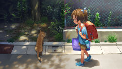 Rule 34 | 1girl, backpack, bag, bag charm, blue bow, blue footwear, blue shirt, bow, brown eyes, brown hair, brown shorts, cat, charm (object), child, closed mouth, commentary, flower, from side, grate, hair bow, hirose yuki, key, looking at another, original, outdoors, plant, purple bag, randoseru, red bag, road, scenery, sewer grate, shadow, shirt, shoes, short hair, short sleeves, shorts, shoulder bag, sneakers, soil, star (symbol), star print, street, sweat, tree, tumbler, vines, walking, white flower, wire fence