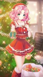 Rule 34 | 1girl, blurry, blurry background, blush, boots, box, breasts, christmas, christmas tree, cleavage, closed mouth, collarbone, curly hair, detached sleeves, doukyuusei another world, fur-trimmed boots, fur-trimmed headwear, fur trim, game cg, gift, gift bag, gift box, green eyes, hair intakes, hat, holding, kakyuusei, knee boots, layered skirt, long hair, looking at viewer, medium breasts, merry christmas, minagawa nana, miniskirt, official art, pink hair, red footwear, red hat, red shirt, red skirt, ribbon, santa costume, santa hat, shirt, short sleeves, skirt, sleeveless, sleeveless shirt, smile, solo, sparkle, standing, white ribbon