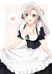 Rule 34 | 1girl, alternate costume, apron, black dress, blush, breasts, cleavage, dress, enmaided, green eyes, grey hair, highres, kantai collection, kazuki kan, kinugasa (kancolle), large breasts, long hair, looking at viewer, maid, maid day, maid headdress, one side up, open mouth, short sleeves, simple background, skirt hold, solo, twitter username, white apron, wrist cuffs