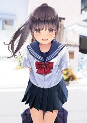 Rule 34 | 1girl, :d, bad id, bad twitter id, bag, blue sailor collar, blue skirt, blurry, blurry background, blush, bow, bowtie, brown eyes, brown hair, building, chikuwa (odennabe), holding, holding bag, house, leaning forward, long hair, looking at viewer, open mouth, original, outdoors, pleated skirt, ponytail, red bow, red bowtie, sailor collar, school bag, school uniform, serafuku, shirt, short sleeves, skirt, smile, solo, standing, white shirt