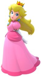 Rule 34 | 1girl, absurdres, arms behind back, blonde hair, blue eyes, brooch, crown, dress, earrings, elbow gloves, eyelashes, gloves, head tilt, highres, jewelry, lips, long hair, looking at viewer, looking to the side, mario (series), mario party, mario party 10, nintendo, official art, pink dress, pink lips, princess peach, puckered lips, puffy short sleeves, puffy sleeves, short sleeves, solo, transparent background, white gloves