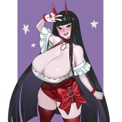 Rule 34 | 1girl, absurdres, bad id, bad twitter id, bare shoulders, black hair, blunt bangs, blush, bow, breasts, cleavage, commission, cowboy shot, fingernails, highres, horns, huge breasts, large breasts, long hair, nail polish, nia (nia4294), off shoulder, original, parted lips, purple background, red bow, red eyes, red horns, red nails, red thighhighs, ribbon trim, sharp fingernails, shirt, simple background, skindentation, smile, solo, star (symbol), thighhighs, very long hair, white shirt