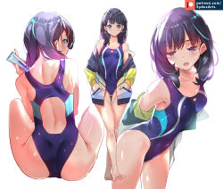 Rule 34 | 1girl, artist name, ass, back, bare legs, bare shoulders, barefoot, black hair, blush, breasts, closed mouth, collarbone, competition swimsuit, covered navel, from behind, gridman universe, half-closed eyes, hands in pockets, heavy breathing, highres, jacket, knees up, leaning forward, long hair, looking at viewer, looking back, looking down, lotion bottle, multicolored clothes, multicolored jacket, multiple views, off shoulder, one-piece swimsuit, open clothes, open jacket, open mouth, purple hair, simple background, sitting, small breasts, ssss.gridman, swimsuit, swimsuit under clothes, sydus, takarada rikka, thigh gap, white background