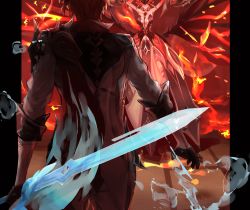 Rule 34 | 1boy, 1girl, armpits, arms up, bare shoulders, battle, black gloves, breasts, cleavage, collared shirt, commentary request, dress, duel, embers, familiar, fire, fire, from behind, genshin impact, gloves, highres, holding, holding sword, holding weapon, jacket, large breasts, magic, mask, official alternate costume, orange hair, outside border, penyo1989, pillarboxed, plunging neckline, popped collar, red shirt, shirt, signora (genshin impact), sleeves rolled up, smile, sword, tartaglia (genshin impact), tatami, water, weapon, white jacket, wing collar, wings