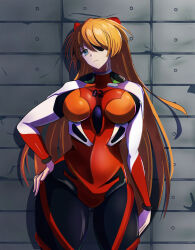 Rule 34 | 1girl, absurdres, alternate breast size, artist request, blue eyes, bodysuit, breasts, brown hair, curvy, evangelion: 3.0 you can (not) redo, eyepatch, gloves, hair ornament, hand on own hip, highres, large breasts, long hair, medium breasts, neon genesis evangelion, pilot suit, plugsuit, rebuild of evangelion, red bodysuit, simple background, skin tight, solo, souryuu asuka langley, wall, wide hips