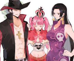 Rule 34 | &gt; &lt;, 1boy, 2girls, bad id, bad twitter id, bare shoulders, beard, belt, black coat, blunt bangs, boa hancock, capelet, coat, commentary request, crop top, cross pendant, crown, dracule mihawk, dress, earrings, facial hair, hand on another&#039;s shoulder, hand on own hip, hat, hat feather, hime cut, jewelry, joman, korean commentary, long hair, looking at another, looking down, mini crown, multiple girls, muscular, muscular male, mustache, one piece, perona, pink hair, pink ribbon, purple dress, ribbon, simple background, sleeveless, sleeveless dress, snake earrings, stomach, torso, twintails, white background