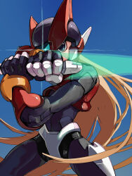 Rule 34 | 1boy, absurdres, android, armor, black eyes, blonde hair, blue background, cowboy shot, energy sword, forehead jewel, glint, helmet, highres, holding, holding sword, holding weapon, long hair, male focus, mega man (series), mega man zero (series), omochi (mochi skymega), red armor, red helmet, simple background, solo, sword, weapon, z saber, zero(z) (mega man), zero (mega man)