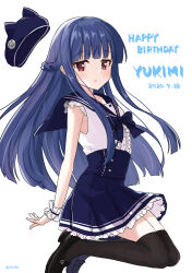 Rule 34 | 1girl, bare shoulders, black footwear, black thighhighs, blue bow, blue bowtie, blue hair, blue sailor collar, blue skirt, blunt bangs, blush, bow, bowtie, braid, character name, dated, dot nose, eluthel, flat chest, floating hat, frilled skirt, frills, from side, happy birthday, highres, idolmaster, idolmaster cinderella girls, idolmaster cinderella girls starlight stage, long hair, looking at viewer, open mouth, red eyes, sailor collar, sajo yukimi, scrunchie, shirt, shoes, simple background, skirt, sleeveless, sleeveless shirt, solo, thighhighs, twitter username, white background, white scrunchie, white shirt, wrist scrunchie