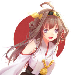 Rule 34 | 10s, 1girl, ahoge, brown hair, detached sleeves, japanese flag, kantai collection, kongou (kancolle), long hair, looking at viewer, nekomaaro, nontraditional miko, open mouth, personification, purple eyes, solo, white background