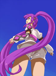 Rule 34 | 1girl, bad id, bad pixiv id, blue background, cropped jacket, detached sleeves, from below, long hair, official alternate costume, perspective, purple eyes, purple hair, shibasaki shouji, shorts, solo, sophie (tales), tales of (series), tales of graces, twintails, very long hair, white shorts