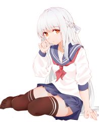 Rule 34 | 1girl, absurdres, black thighhighs, blue sailor collar, blue skirt, blunt bangs, braid, collarbone, full body, hand on own cheek, hand on own face, hand up, highres, kirschma, long hair, long sleeves, looking at viewer, neck ribbon, open mouth, orange eyes, original, pleated skirt, puffy long sleeves, puffy sleeves, red ribbon, ribbon, sailor collar, school uniform, serafuku, shirt, simple background, sitting, skirt, sleeve cuffs, sleeves pushed up, solo, striped clothes, striped thighhighs, thighhighs, thighs, very long hair, white background, white hair, yokozuwari, zettai ryouiki