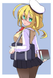 Rule 34 | 10s, 1girl, bag, black pantyhose, blonde hair, breasts, gin (shioyude), glasses, green eyes, hat, i-8 (kancolle), kantai collection, large breasts, long hair, long sleeves, looking at viewer, pantyhose, pleated skirt, red-framed eyewear, school uniform, shirt, shoulder bag, skirt, solo, vest