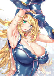 Rule 34 | 1girl, alternate breast size, armpits, arms behind head, arms up, bare shoulders, blonde hair, blue dress, blue hat, blush, breasts, cleavage, collarbone, dark magician girl, detached sleeves, dress, duel monster, green eyes, hat, hexagram, highres, jewelry, large breasts, long hair, looking at viewer, neck ring, open mouth, pendant, sasakuma kyouta, solo, witch hat, yu-gi-oh!, yu-gi-oh! duel monsters