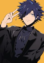 Rule 34 | 13 (show by rock!!), 1boy, black jacket, black sweater, blazer, blue eyes, blue hair, blue sweater, chain necklace, closed mouth, eyepatch, eyes visible through hair, facial tattoo, hair ornament, hair over one eye, hand up, highres, jacket, jewelry, lapels, light smile, long bangs, long sleeves, looking at viewer, male focus, necklace, nullslast, pointy ears, ring, short hair, show by rock!!, smile, solo, spiked hair, sweater, tattoo, turtleneck, turtleneck sweater, twitter username, upper body, v, yellow background