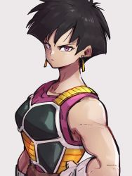 Rule 34 | 1girl, arm at side, armor, bare arms, black hair, breasts, clenched hand, closed mouth, collarbone, dragon ball, dragon ball super, dragon ball super broly, dragonball z, earrings, eyelashes, from side, frown, gloves, grey background, hand on own hip, jewelry, kemachiku, looking at viewer, monkey tail, muscular, muscular female, pink eyes, pink shirt, saiyan, saiyan armor, serious, seripa, shirt, short hair, solo, spiked hair, standing, tail, white gloves