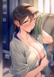 Rule 34 | 1girl, absurdres, blew andwhite, blush, breasts, brown eyes, brown hair, cleavage, collarbone, hair between eyes, highres, holding, japanese clothes, kaga (kancolle), kantai collection, large breasts, long hair, mouth hold, navel, signature, solo, upper body