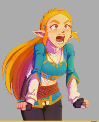 Rule 34 | 1girl, angry, bad link, black pants, blonde hair, clenched hands, fingerless gloves, gloves, green eyes, highres, lazydayzdrawz, long hair, long sleeves, nintendo, open mouth, pants, parted hair, pointy ears, princess zelda, puffy short sleeves, puffy sleeves, short sleeves, sidelocks, simple background, solo, teeth, the legend of zelda, the legend of zelda: breath of the wild, thick eyebrows, tongue, triforce