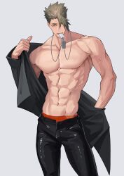 Rule 34 | 1boy, abs, achilles (fate), black pants, collarbone, cowboy shot, dog tags, fate/apocrypha, fate (series), green hair, grey background, hair over one eye, haruakira, highres, large pectorals, looking at viewer, male focus, male underwear, male underwear peek, muscular, muscular male, navel, orange eyes, pants, pectorals, red male underwear, simple background, solo, undercut, underwear, undressing, veins, veiny arms