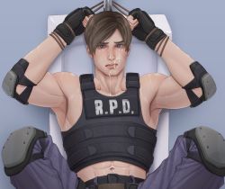 Rule 34 | 1boy, abs, armpits, blue eyes, blush, cum, gloves, highres, leon s. kennedy, looking at viewer, male focus, resident evil, restrained, rope, sitting, solo, sweat, tears