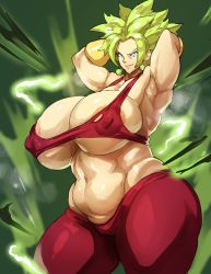 Rule 34 | 1girl, areola slip, armpits, arms behind head, aura, blonde hair, blue eyes, breasts, bursting breasts, cameltoe, cleavage, cleft of venus, curvy, dragon ball, dragon ball super, earrings, energy, gauntlets, green hair, highres, huge breasts, jewelry, jujunaught, kefla (dragon ball), looking at viewer, midriff, muscular, muscular female, plump, potara earrings, smile, spiked hair, thick thighs, thighs, undersized clothes, wide hips
