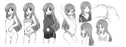 Rule 34 | 1boy, 1girl, :p, anus, armpits, arms up, ass, bad id, bad pixiv id, bike shorts, blush, bra, breasts, character profile, cleft of venus, freckles, geewhy, greyscale, grin, highres, jacket, lineup, long hair, minami hana (geewhy), monochrome, multiple views, nipples, original, panties, pussy, small breasts, smile, sports bra, sweat, tongue, tongue out, topless, track jacket, uncensored, underwear, underwear only