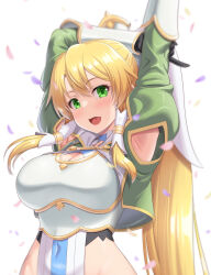 Rule 34 | 1girl, armor, armpits, blonde hair, breastplate, breasts, covered navel, gloves, green eyes, hair between eyes, highres, kawase seiki, large breasts, leafa, leafa (terraria), light blush, long hair, looking at viewer, open mouth, solo, sword art online, sword art online: alicization, sword art online: alicization - war of underworld, very long hair