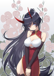 Rule 34 | 1girl, black sleeves, black thighhighs, breasts, china dress, chinese clothes, chinese new year, cleavage, closed mouth, dress, floral background, highres, honkai (series), honkai impact 3rd, horns, long hair, looking at viewer, ponytail, purple eyes, purple hair, raiden mei, raiden mei (herrscher of thunder), red dress, simple background, sleeveless, sleeveless dress, smile, tdc24, thighhighs